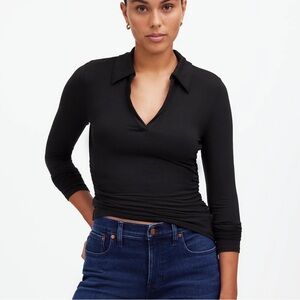 Madewell Side-Cinch Long-Sleeve Polo Top XXS Black‎